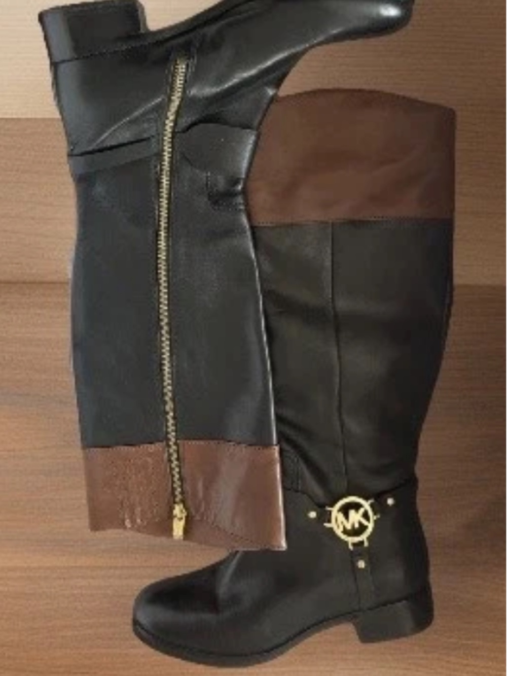 Michael Kors Black and Brown Leather MK Logo Riding Boots